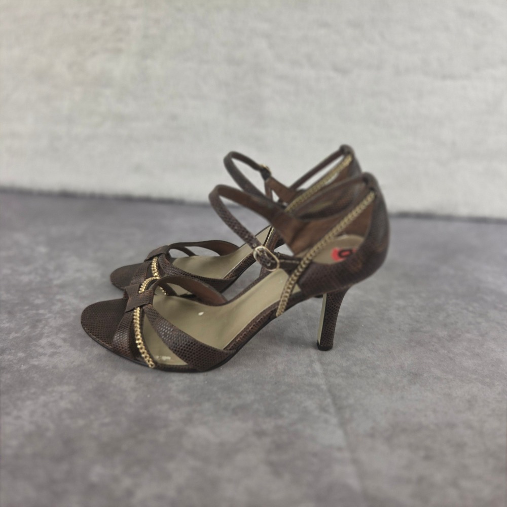 Nine West Brown Snakeskin Gold Chain Strappy Stiletto Heels Size 6